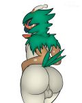  2018 absurd_res alpha_channel anthro avian backsack balls beak big_butt bird brown_feathers butt decidueye digital_media_(artwork) feathers firebadger green_feathers hand_on_hip hi_res hood huge_butt male markings mask nintendo orange_markings pok&eacute;mon pok&eacute;mon_(species) rear_view signature simple_background smaller_version_at_source solo standing tail_feathers thick_thighs transparent_background video_games white_feathers wide_hips 