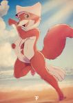  anthro beach breasts brown_eyes canine cheek_tuft clothed clothing cloud disney female fox fox-pop headdress looking_at_viewer maid_marian mammal navel nipples open_mouth open_smile outside partially_clothed red_fox robin_hood_(disney) running seaside sky smile solo sunbeam tuft water white_belly 