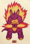  2016 alternate_color angry anthro belly_scales biceps biped black_eyes countershade_torso countershading english_text fak&eacute;mon fangs featureless_crotch fire firefightdex fist flexing front_view frown full-length_portrait hatching_(technique) hi_res horn looking_at_viewer male marker_(artwork) mfanjul mixed_media multicolored_scales musclechub muscular muscular_male nidoking nintendo nude orange_countershading orange_scales overweight overweight_male pecs pen_(artwork) pok&eacute;mon pok&eacute;mon_(species) portrait punching_hand purple_horn purple_scales purple_tail quads scales scalie shadow simple_background solo spikes text toony traditional_media_(artwork) two_tone_scales video_games white_background 