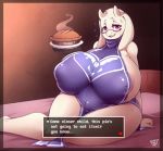  2018 anthro areola big_breasts boss_monster breasts caprine clothing dialogue digital_media_(artwork) english_text eyewear female food glasses goat holding_food holding_object horn huge_breasts long_ears looking_at_viewer mammal overweight overweight_female pie secretly_saucy solo text thick_thighs toriel undertale video_games 