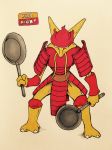  2016 3_fingers 3_toes alakazam alternate_color ambiguous_gender anthro armor biped bottomless breastplate claws clothed clothing english_text fak&eacute;mon firefightdex flesh_whiskers front_view frying_pan full-length_portrait hatching_(technique) helmet hi_res holding_object horn improvised_weapon looking_at_viewer mammal marker_(artwork) mfanjul mixed_media nintendo pen_(artwork) pok&eacute;mon pok&eacute;mon_(species) portrait samurai shadow shoulder_guards simple_background slit_pupils snout solo spread_legs spreading standing text toe_claws toes toony traditional_media_(artwork) video_games white_background white_claws yellow_body yellow_horn 