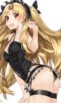  absurdres ass bangs bare_arms bare_shoulders black_bow black_panties black_ribbon blonde_hair blush bow breasts bustier cleavage cowboy_shot earrings ereshkigal_(fate/grand_order) eyebrows_visible_through_hair fate/grand_order fate_(series) garter_straps hair_bow hair_ribbon hand_up highres infinity jewelry kou_mashiro leaning_forward long_hair looking_at_viewer medium_breasts open_mouth panties parted_bangs red_eyes ribbon round_teeth shiny shiny_hair simple_background skindentation solo standing sweat tareme teeth thigh_strap tiara two_side_up underwear underwear_only upper_teeth very_long_hair white_background 