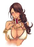  armband bikini bikini_top blush braid branwen breasts brown_hair collar commentary_request hand_on_own_chest heterochromia highres katori_(mocchidou) large_breasts long_hair looking_at_viewer low_braid low_ponytail queen's_blade queen's_blade_rebellion side_braid slave solo swimsuit tan warrior 