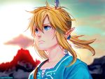  blurry bow_(weapon) commentary depth_of_field earrings jewelry link long_hair low_ponytail male_focus patreon_username pointy_ears rejean_dubois sidelocks solo sunset the_legend_of_zelda the_legend_of_zelda:_breath_of_the_wild tunic upper_body weapon weapon_on_back 