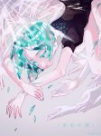  androgynous aqua_eyes aqua_hair artist_name colored_eyelashes copyright_name crack gem gem_uniform_(houseki_no_kuni) green_eyes green_hair hands highres houseki_no_kuni kajino phosphophyllite short_hair solo 