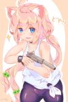  ahoge animal_ears bike_shorts blue_eyes cat_ears choker fang gun hair_bobbles hair_ornament highres hinata_channel holding long_hair low_twintails nekomiya_hinata ooba_jun open_mouth pink_hair shorts smile solo suppressor twintails upper_body vest virtual_youtuber weapon white_vest wristband 