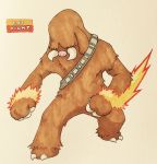  2017 3_fingers ambiguous_gender ammo_belt anthro anthrofied biped brown_fur chewbacca claws cosplay covered_eyes crossover english_text fak&eacute;mon featureless_crotch fighting_stance fire firefightdex fist floppy_ears fluffy front_view full-length_portrait fur hatching_(technique) hi_res mammal marker_(artwork) mfanjul mixed_media mostly_nude nintendo pen_(artwork) pig_nose piloswine pink_nose pok&eacute;mon pok&eacute;mon_(species) pok&eacute;morph porcine portrait shadow simple_background solo standing star_wars text toe_claws toony traditional_media_(artwork) tusks video_games white_background white_claws 