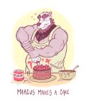  animated anthro apron arcarc badger big_muscles blush bowl cake clothing cooking cute egg flour food happy male mammal marcus muscular muscular_male mustelid solo 