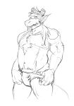  anthro arcarc body_hair broken_horn bulge chest_hair clothed clothing dragon horn male muscular muscular_male nipples penis pointy_ears scar scruffy solo topless underwear 
