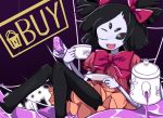  1girl black_legwear bow extra_arms extra_eyes fangs monster_girl muffet purple_skin ribbon skirt solo spider spider_girl tea teapot thighhighs twintails undertale 