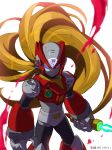  android beam_saber blonde_hair capcom commentary_request energy_sword gloves glowing glowing_eyes helmet highres holding lightsaber long_hair looking_at_viewer male_focus red_eyes rockman rockman_x smile solo sword tonami_kanji weapon white_background white_gloves zero_(rockman) 