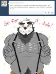  arcarc badger beard belly_hair blush facial_hair looking_at_viewer male mammal marcus muscular mustelid smile solo suspenders tumblr 
