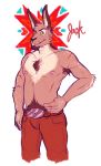  anthro arcarc armpit_hair belt body_hair chest_hair clothed clothing facial_hair goatee hi_res jack lagomorph male mammal muscular muscular_male nipples pants rabbit solo topless 