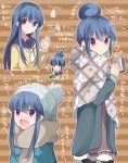  alternate_hairstyle beanie black_legwear blue_hair blush book commentary_request cup eyebrows_visible_through_hair hair_bun hair_down hat hidejiu long_hair long_sleeves looking_at_viewer mug multiple_views open_mouth pantyhose partially_translated pinecone purple_eyes scarf school_uniform shima_rin sidelocks striped striped_background translation_request yurucamp 