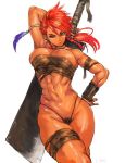  abs arm_behind_head armlet bangs blue_eyes bracer braid breasts budget_sarashi cleavage ear_piercing fantasy feathers g-string hand_on_hip hatchet highleg jewelry large_breasts long_hair looking_at_viewer muscle muscular_female neck_ring oriental_hatchet original piercing pubic_hair pubic_hair_peek pursed_lips red_hair sarashi shu-mai simple_background solo swept_bangs tan thigh_strap thighs thong v-shaped_eyebrows weapon weapon_on_back white_background 