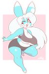  anthro big_breasts blue_fur blush breasts buckteeth cleavage clothed clothing cute female fur hair happy lagomorph long_ears long_hair looking_at_viewer mammal navel one_eye_closed overweight pants pixels_bunni pose rabbit shirt short_stack slightly_chubby smile solo teeth theycallhimcake under_boob white_fur wink 
