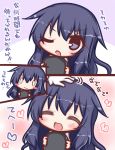  1girl :d ;o ^_^ akatsuki_(kantai_collection) bangs black_hat blush blush_stickers closed_eyes closed_mouth comic commentary disembodied_limb eyebrows_visible_through_hair flat_cap flying_sweatdrops hair_between_eyes hat hat_removed headwear_removed heart holding holding_hat kantai_collection komakoma_(magicaltale) long_hair one_eye_closed open_mouth petting purple_eyes purple_hair smile translated very_long_hair wavy_mouth 