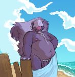  2018 4_fingers absurd_res anthro arm_support balls beach belly big_belly biped blep body_hair chest_hair cloud deep_navel digital_drawing_(artwork) digital_media_(artwork) fingerless_(marking) flaccid fluffy fluffy_tail front_view fur hair hair_over_eyes hairy hand_on_hip hi_res jewelry long_tail looking_at_viewer male mammal moobs mux_(slimeymonsterguts) naked_towel navel necklace nipples obese outside overweight overweight_male penis penis_base pink_nipples pink_nose portrait presenting presenting_penis pubes public purple_balls purple_fur purple_hair purple_penis purple_tail sea seaside short_hair skunk sky slimeymonsterguts smile solo standing thick_thighs three-quarter_portrait tongue tongue_out toony towel water 