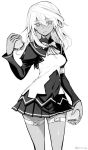  breasts clover dark_skin food four-leaf_clover greyscale guilty_gear guilty_gear_xrd hamburger jouyama_yui looking_at_viewer medium_breasts monochrome ramlethal_valentine short_hair simple_background skirt solo 