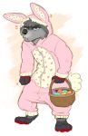  2016 anthro black_nose bunny_costume clothed clothing costume digital_drawing_(artwork) digital_media_(artwork) easter egg fur grey_fur grumpy hi_res holidays jayboppity jazzotter male mammal mustelid otter simple_background solo 