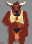  anthro arcarc balls beard body_hair bottomless bovine cattle clothed clothing facial_hair happy_trail horn humanoid_penis male mammal muscular pecs penis pubes shirt solo tank_top 