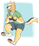  2016 4_toes 5_fingers anthro black_nose blonde_hair blue_collar blue_eyes blue_pupils brown_fur canine clothed clothing collar corgwn digital_drawing_(artwork) digital_media_(artwork) dog fur german_shepherd green_clothing green_shirt green_topwear hair hi_res jayboppity male mammal multicolored_fur open_mouth pawpads paws shirt simple_background solo toes tongue tongue_out white_fur yellow_fur 