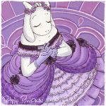  2016 abstract_background anthro biped boss_monster caprine clothed clothing digital_media_(artwork) dress eyelashes female floppy_ears flower flower_crown fully_clothed fur gloves goat high-angle_view horn lace light_theme mammal petite-pumpkin plant purple_background purple_clothing purple_theme signature simple_background solo standing text toriel undertale video_games white_fur 