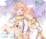  1girl animal animal_in_clothes anniversary blonde_hair blue_eyes blush brother_and_sister cat closed_eyes comet_(teamon) floral_background flower hair_flower hair_ornament hand_on_own_stomach holding_hands kagamine_len kagamine_rin kneehighs long_sleeves nail_polish number open_mouth pleated_skirt sailor_collar shirt short_hair shorts siblings signature sitting skirt sleeping suspenders twins vocaloid white_legwear white_shirt yawning yellow_nails yellow_shorts yellow_skirt 