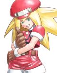  bad_id bad_pixiv_id belt blonde_hair brown_gloves buttons cabbie_hat capcom commentary_request gloves green_eyes hand_gesture hand_on_hip hat red_shorts rockman rockman_dash roll_caskett shinonome_(game_hakkutsu_tai) shorts simple_background smile solo thumbs_up white_background 