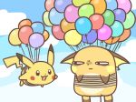  annoyed balloon blue_sky cafe_(chuu_no_ouchi) cloud day flying full_body gen_1_pokemon looking_at_another no_humans pikachu pokemon pokemon_(creature) raichu sky weight_conscious 