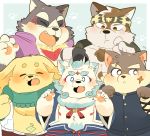  agyou anthro blush canine chain clothed clothing cusith dog fur garmr hat headband horkeukamui hyaku1063 kemono looking_at_viewer male mammal moritaka multicolored_fur open_mouth overweight overweight_male scar scarf slightly_chubby tokyo_afterschool_summoners white_fur wolf 