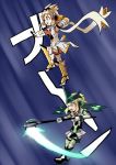  akatsuki_kirika balancing blonde_hair bodysuit boots breasts brown_hair chibi hair_ornament hairclip headgear highres judo_fuu medium_breasts miniskirt motion_blur multiple_girls navel navel_cutout open_mouth scarf scythe senki_zesshou_symphogear short_hair sidelocks skirt standing standing_on_one_leg striped striped_legwear tachibana_hibiki_(symphogear) thighhighs 