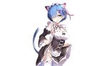  aqua_eyes aqua_hair blush bow breasts catgirl cleavage dress garter_belt headdress maid nopan re:zero_kara_hajimeru_isekai_seikatsu rem_(re:zero) short_hair skirt_lift stockings tail taka-kun thighhighs white 