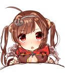  :o absurdres ahoge anchor_hair_ornament azur_lane bangs blush breast_press breasts brown_hair chiitamu china_dress chinese_clothes cleavage_cutout dress eyebrows_visible_through_hair fur-trimmed_jacket fur_trim hair_ornament hairband hairpods head_tilt highres jacket long_hair long_sleeves looking_at_viewer medium_breasts parted_lips ping_hai_(azur_lane) puffy_long_sleeves puffy_sleeves red_dress red_eyes short_sleeves simple_background sketch solo twintails very_long_hair white_background white_hairband white_jacket 