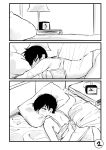  3koma bare_shoulders bed bra breasts clock comic greyscale hair_over_one_eye highres large_breasts monochrome norman_maggot ol-chan_(norman_maggot) original pillow short_hair sleepy solo underwear underwear_only 