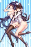  :o ass atago_(azur_lane) azur_lane bangs bare_shoulders bed_sheet black_hair black_legwear black_panties blunt_bangs blush bra breasts brown_eyes closed_mouth covered_nipples cuts eyebrows_visible_through_hair flower garter_straps gloves hair_flower hair_ornament hair_ribbon high_heels high_ponytail highres hx_(091113) injury katana kneehighs lace lace-trimmed_thighhighs large_breasts long_hair long_sleeves looking_at_viewer lying military military_uniform miniskirt mismatched_underwear multiple_girls no_pants no_shoes open_mouth panties pantyshot pantyshot_(lying) pink_flower ribbon sheath sheathed shiny shiny_skin shoulder_blades sideboob skirt smile star striped striped_background sweat sword takao_(azur_lane) tassel thighhighs underwear uniform vertical-striped_background vertical_stripes very_long_hair weapon white_bra white_footwear white_gloves white_legwear white_panties white_ribbon white_skirt yellow_eyes 