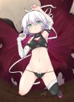  arm_belt arm_up armpits artist_name bandaged_arm bandages bangs bare_shoulders black_bra black_footwear black_panties boots bra breasts cleavage_cutout commentary dagger dated facial_scar fate/apocrypha fate/grand_order fate_(series) green_eyes jack_the_ripper_(fate/apocrypha) looking_at_viewer lowleg lowleg_panties lying navel on_back panties parted_lips reidu scar scar_across_eye scar_on_cheek short_hair shoulder_tattoo signature silver_hair skindentation small_breasts solo string_panties tattoo thigh_boots thighhighs underwear underwear_only weapon 
