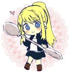  blonde_hair blue_eyes blush blush_stickers boots chibi earrings eyebrows_visible_through_hair fullmetal_alchemist happy heart holding jacket jewelry long_hair lowres pink_background ponytail shirt simple_background skirt smile solo spoon tsukuda0310 white_background white_shirt winry_rockbell 