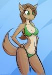  2018 4_fingers anthro bangs blue_background bra breasts brown_hair brown_nose canine cheek_tuft clothed clothing cute_fangs digital_media_(artwork) elbow_tufts eyebrows eyebrows_visible_through_hair fangs female fur green_bottomwear green_clothing green_eyes green_theme green_topwear hair hands_on_hips inner_ear_fluff kanashiipanda long_hair mammal multicolored_fur navel olivia_hart panties pinup portrait pose raised_tail simple_background sketch skimpy smile solo standing swimsuit tan_belly tan_fur three-quarter_portrait tuft two_tone_fur underwear wolf 