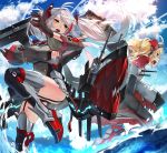  :d admiral_hipper_(azur_lane) antenna_hair azur_lane bangs black_footwear black_gloves black_legwear blonde_hair blue_sky blush boots breasts brown_eyes cannon cloud cloudy_sky commentary_request day dress eyebrows_visible_through_hair garter_straps gloves green_eyes grey_dress highlights highres iron_cross large_breasts long_hair long_sleeves multicolored_hair multiple_girls ocean open_mouth outdoors prinz_eugen_(azur_lane) red_footwear red_hair sideboob silver_hair sky smile standing standing_on_one_leg streaked_hair sukocchi thigh_boots thighhighs turret twintails two_side_up upper_teeth very_long_hair water wide_sleeves 