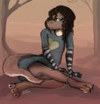  2016 3_toes absurd_res ambiguous_gender anthro armwear azu_(azurex) biped black_claws blue_clothing brown_hair brown_skin brown_tail brown_theme claws clothed clothing detailed_background dirtyscoundrel facial_piercing front_view green_eyes hair hi_res lizard looking_at_viewer nose_piercing on_ground outside piercing reptile scalie signature sitting snout solo striped_armwear striped_clothing toes tree 