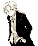  bandages black_jacket braid edward_elric expressionless eyebrows_visible_through_hair formal fullmetal_alchemist hand_in_pocket jacket looking_away male_focus monochrome pants shirt simple_background solo tsukuda0310 white_background 