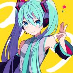  39 aqua_eyes aqua_hair armpits bad_id bad_pixiv_id detached_sleeves hatsune_miku headset hikage_(paccuntyo) long_hair necktie solo twintails vocaloid yellow_background 