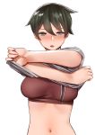  absurdres blush bra breasts brown_bra green_eyes green_hair hair_between_eyes highres kantai_collection looking_at_viewer medium_breasts midriff mogami_(kantai_collection) navel norman_maggot shirt short_hair simple_background solo sports_bra underwear undressing upper_body white_background white_shirt 