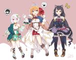  3girls ahoge animal_ears black_hair blonde_hair breasts cat_ears flower food frilled_skirt frills hair_flower hair_ornament highlights highres kokkoro_(princess_connect!) kyaru_(princess_connect) long_hair medium_breasts misoradeko multicolored_hair multiple_girls onigiri pecorine pointy_ears princess_connect! princess_connect!_re:dive skirt small_breasts sparkle thighhighs tiara white_hair yuuki_(princess_connect) 