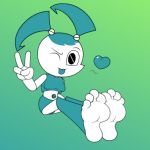  &lt;3 4_toes android barefoot clothed clothing feet female humanoid_feet jenny_wakeman looking_at_viewer machine mr_neon my_life_as_a_teenage_robot nickelodeon not_furry one_eye_closed robot smile soles solo toes tongue v_sign wink 