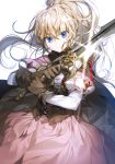  black_cape black_gloves blue_eyes cape corset gloves holding holding_sword holding_weapon long_hair long_sleeves looking_at_viewer original pink_skirt ponytail puffy_long_sleeves puffy_sleeves silver_hair skirt solo sukja sword weapon 