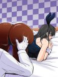  admiral_(kantai_collection) all_fours alternate_costume animal_ears ass ass_grab bare_shoulders black_hair black_legwear blue_leotard bunny_ears bunny_girl bunnysuit checkered checkered_wall detached_collar fake_animal_ears fishnet_legwear fishnet_pantyhose fishnets glasses gloves highres jacket kantai_collection kumoi_takashi leotard long_hair long_sleeves neckerchief ooyodo_(kantai_collection) out_of_frame pantyhose semi-rimless_eyewear solo_focus white_gloves 