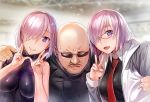  2girls :d armor armored_dress bald bare_shoulders black-framed_eyewear blurry blurry_background breasts closed_mouth commentary_request dress dual_persona eyebrows_visible_through_hair eyes_visible_through_hair facial_hair facing_viewer fate/grand_order fate_(series) girl_sandwich glasses hair_over_one_eye hand_on_another's_shoulder hands_up impossible_clothes impossible_dress jacket large_breasts lavender_hair lips long_sleeves mafia_kajita mash_kyrielight medium_breasts multiple_girls mustache necktie nekomata_naomi open_clothes open_jacket open_mouth parted_lips purple_eyes raglan_sleeves real_life red_neckwear sandwiched shiny shiny_hair short_hair smile sparkle sunglasses upper_body v wing_collar 