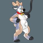  2017 animate_inanimate anthro antlers belly black_nose blue_eyes cervine collar deer digital_drawing_(artwork) digital_media_(artwork) feeding_tube hooves horn inflatable inflation jaiy living_inflatable male mammal markings neltruin nozzle nude open_mouth pool_toy red_collar rubber shiny simple_background solo standing 